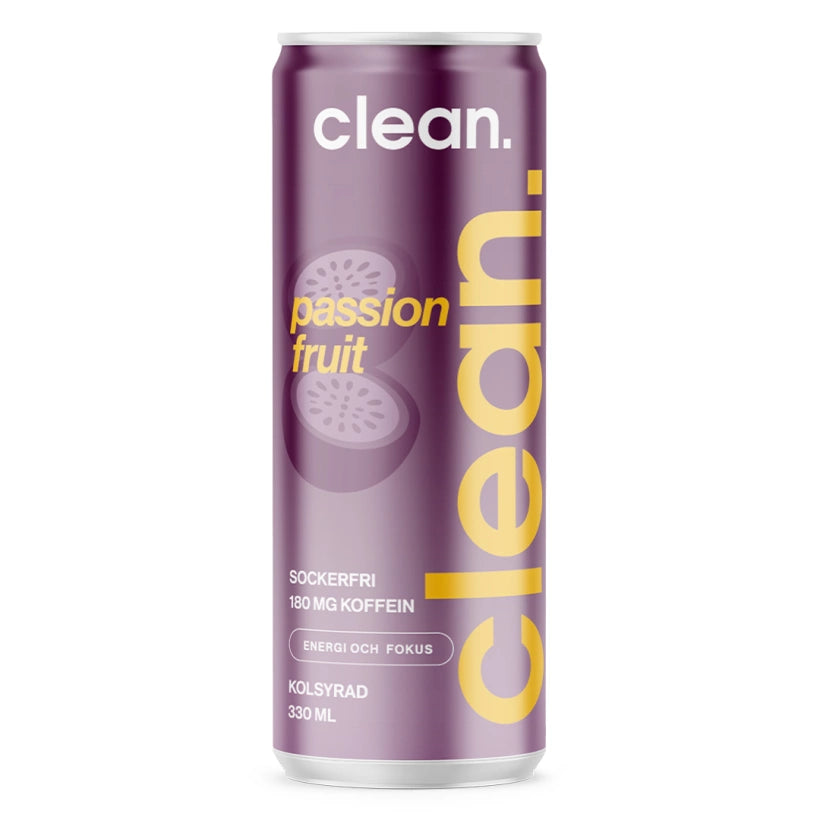 Clean Drink 330 ml energidryck i en lila burk med gula detaljer för smaken Passion.