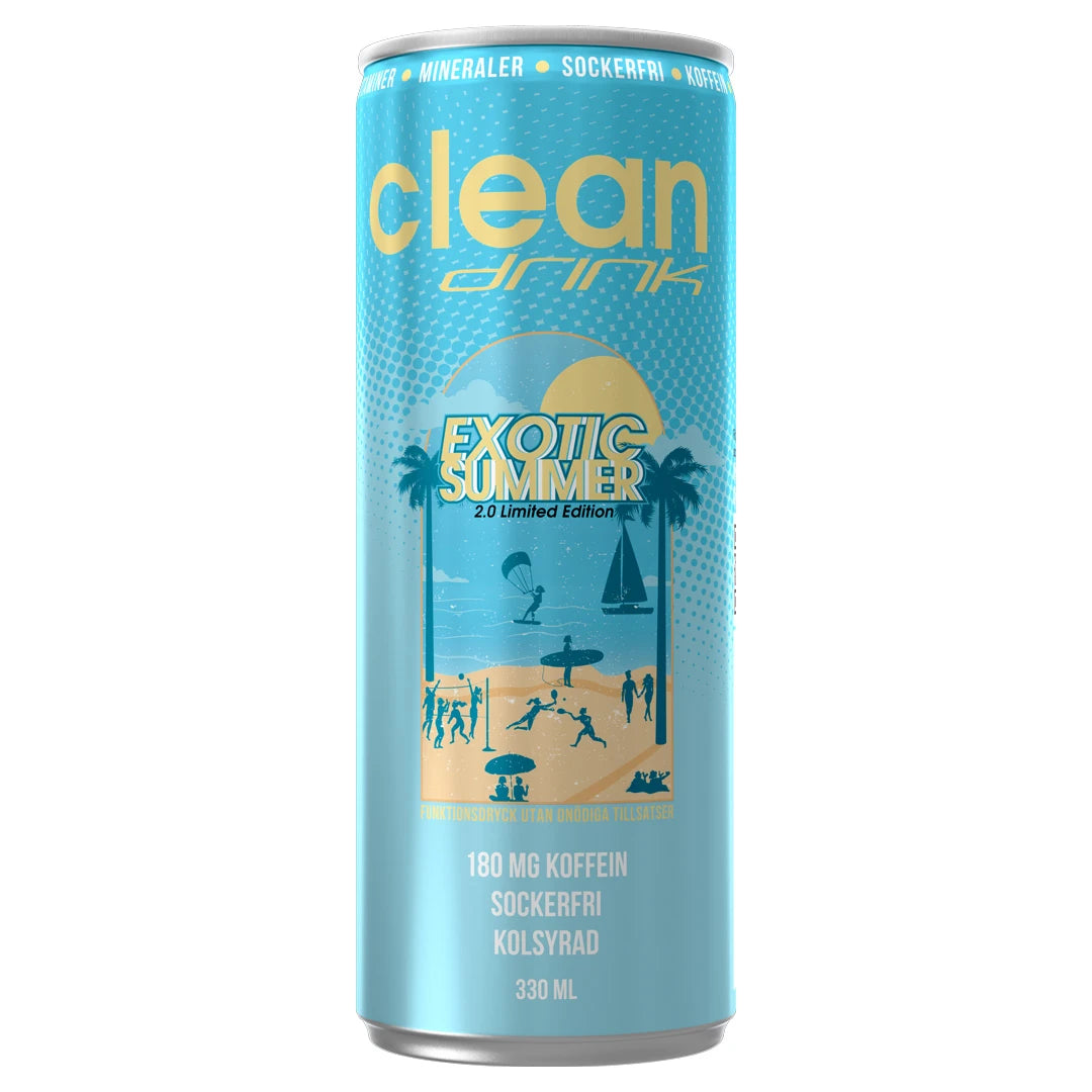 Clean Drink 330 ml energidryck i en ljusblå burk med tropiskt strandmotiv för smaken Exotic Summer.