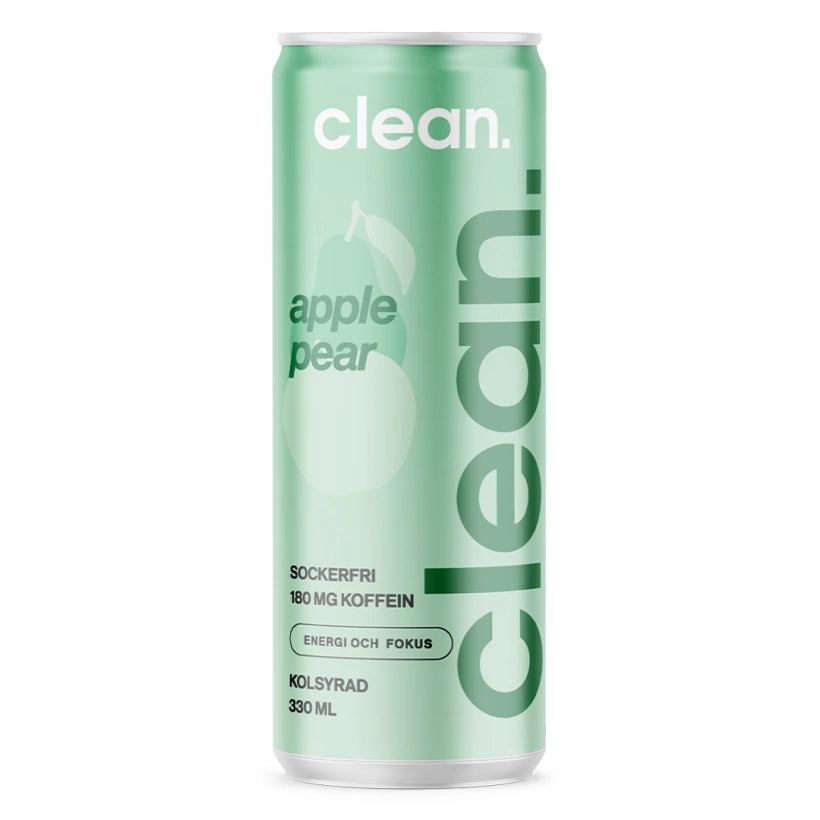 Clean Drink 330 ml energidryck i en ljusgrön burk med smaken Päron Äpple.