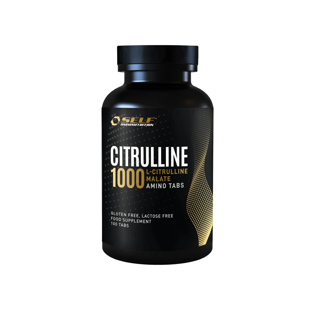 Self Omninutrition Citrulline 1000 100 tabs kosttillskott i en svart burk med guldiga detaljer.