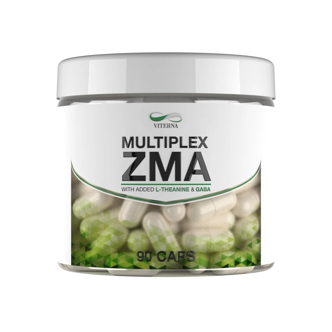 Viterna Multiplex ZMA 90 caps kosttillskott i en genomskinlig burk med vitt lock och grönvita kapslar inuti.