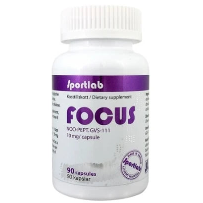 Sportlab Focus NOO-PEPT 90 caps kosttillskott förpackad i en vit burk med lila detaljer.