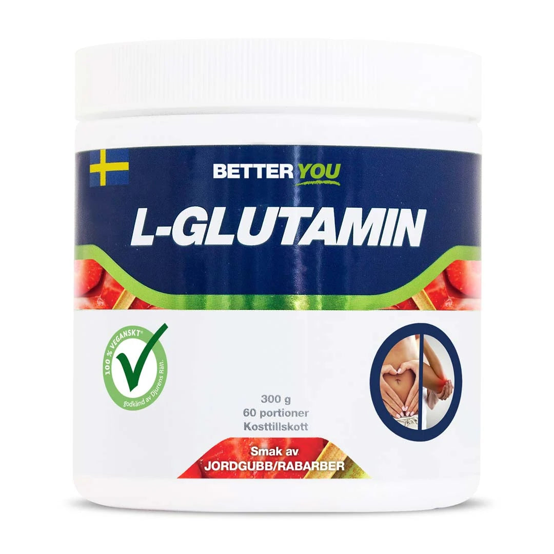 Better You Naturligt Glutamine 300 g aminosyror i en vit burk med blå och grön etikett och smak av jordgubb/rabarber.