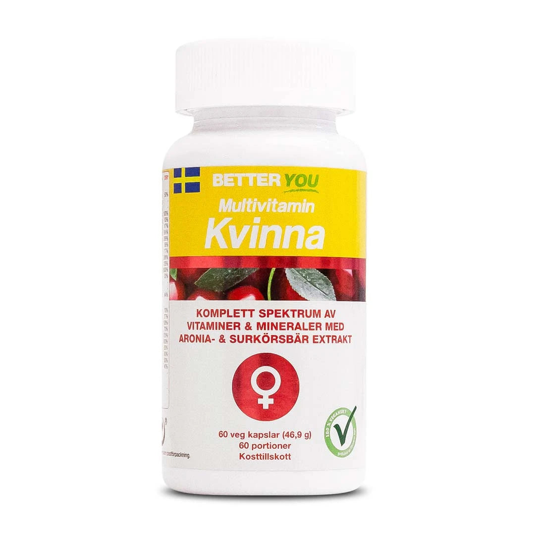 Better You Multivitamin Kvinna 60 caps, veganska vitaminer i en vit plastburk med gul och röd etikett.