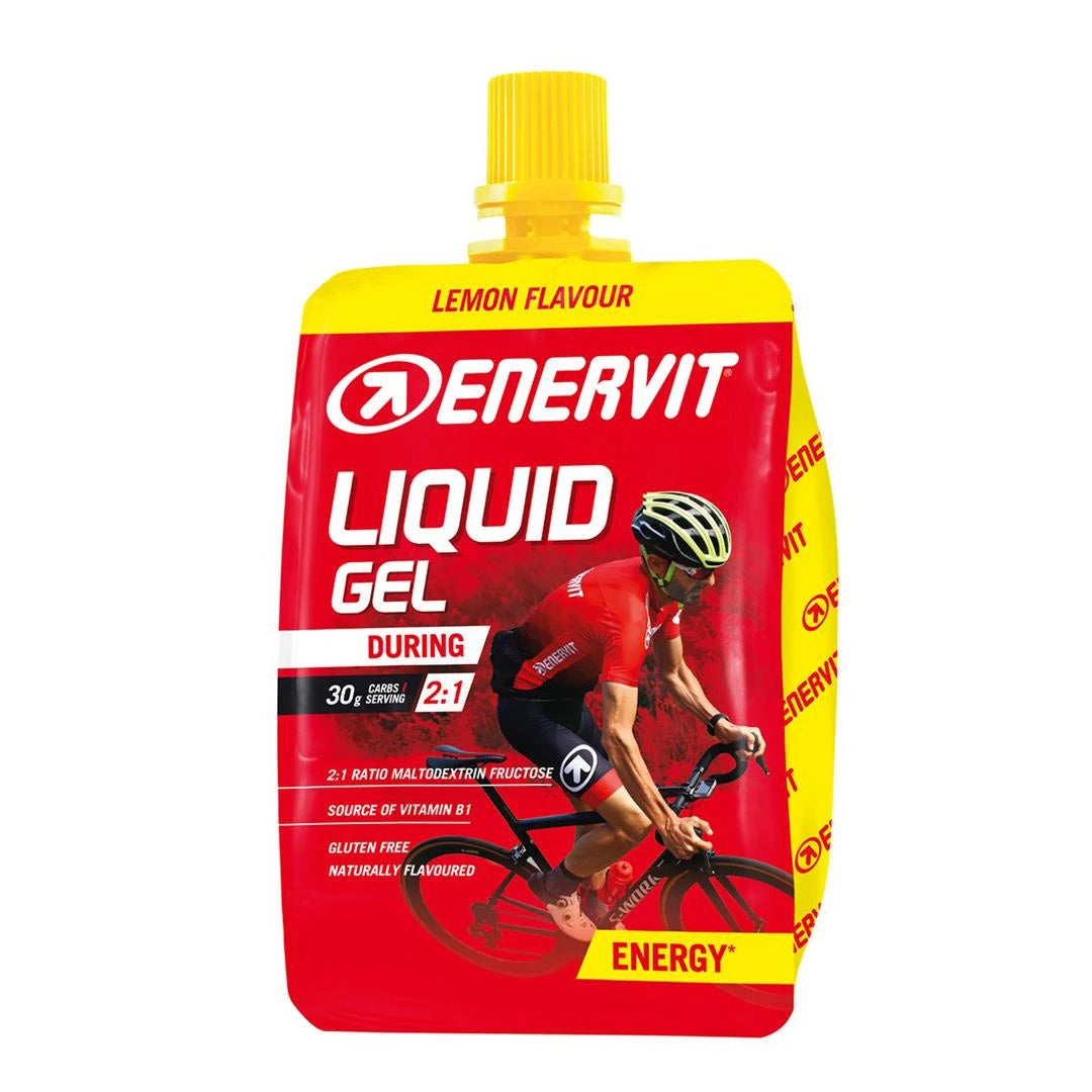 Enervit Liquid Gel 60 ml, en energigel i en röd och gul påse med smak av Lemon Flavour och motiv av en cyklist.