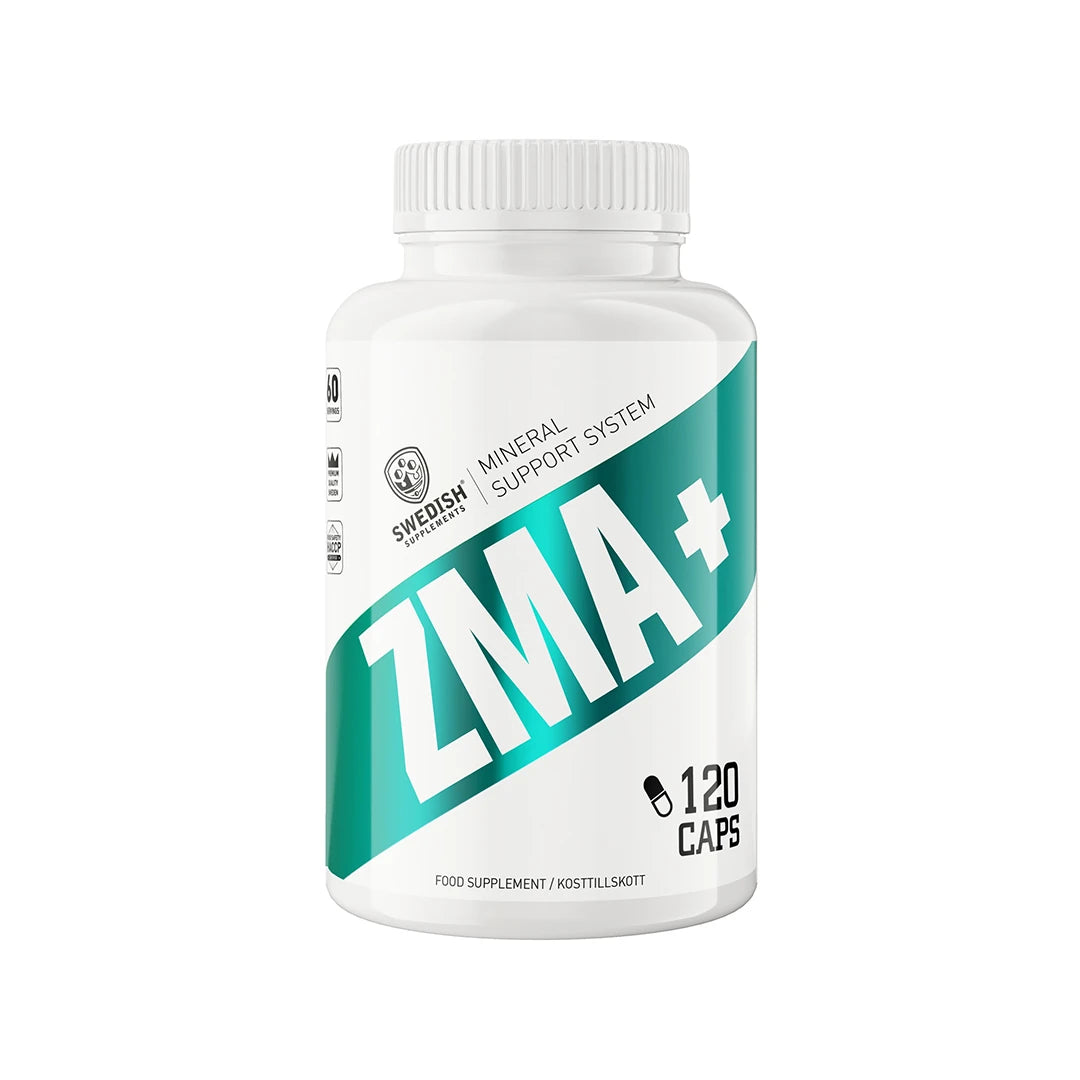 Swedish Supplements ZMA 120 caps, mineraltillskott förpackat i en vit plastburk med turkosa detaljer.