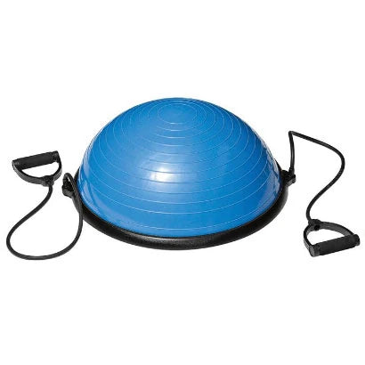 Virtufit Balance Trainer, en blå delad balansboll i PVC med svart stabil basplatta och två svarta träningsband.