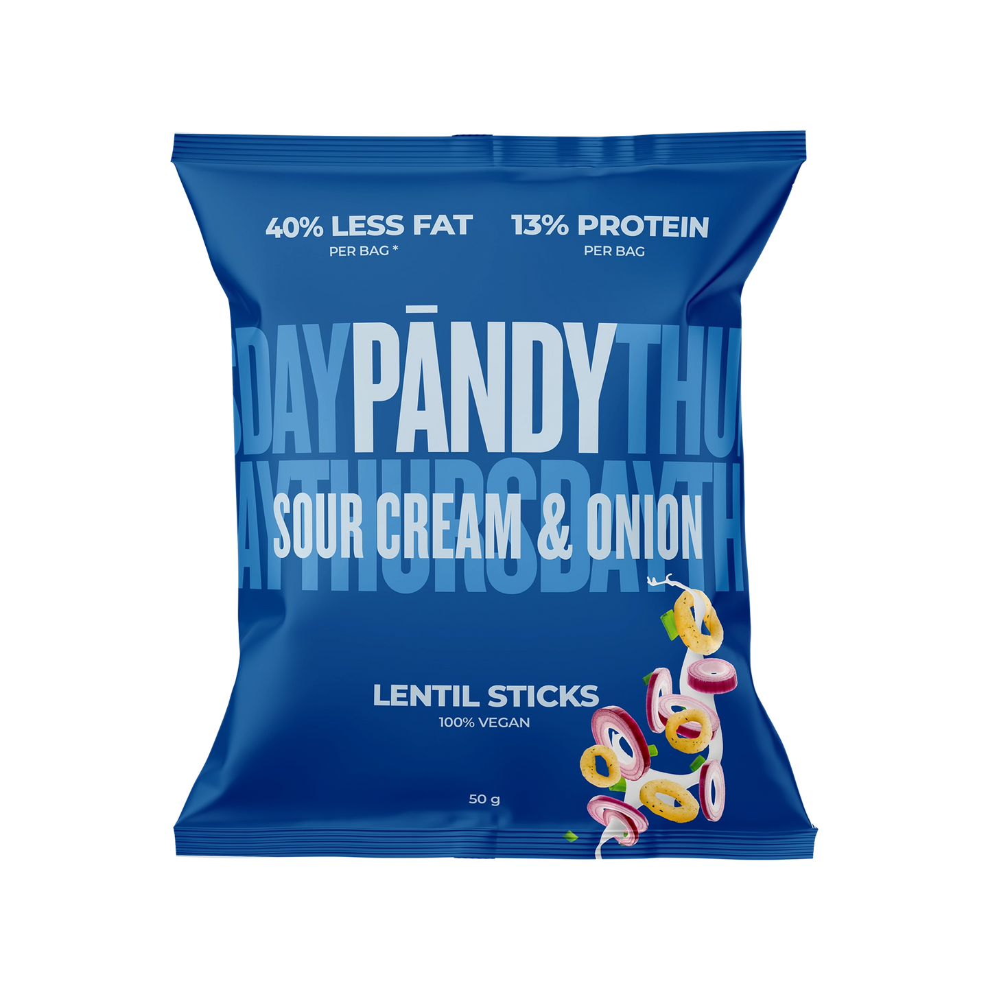 Pändy Lentil Snacks 50 g linschips i en mörkblå påse för smaken Sourcream &amp; Onion., bild 1 av 1