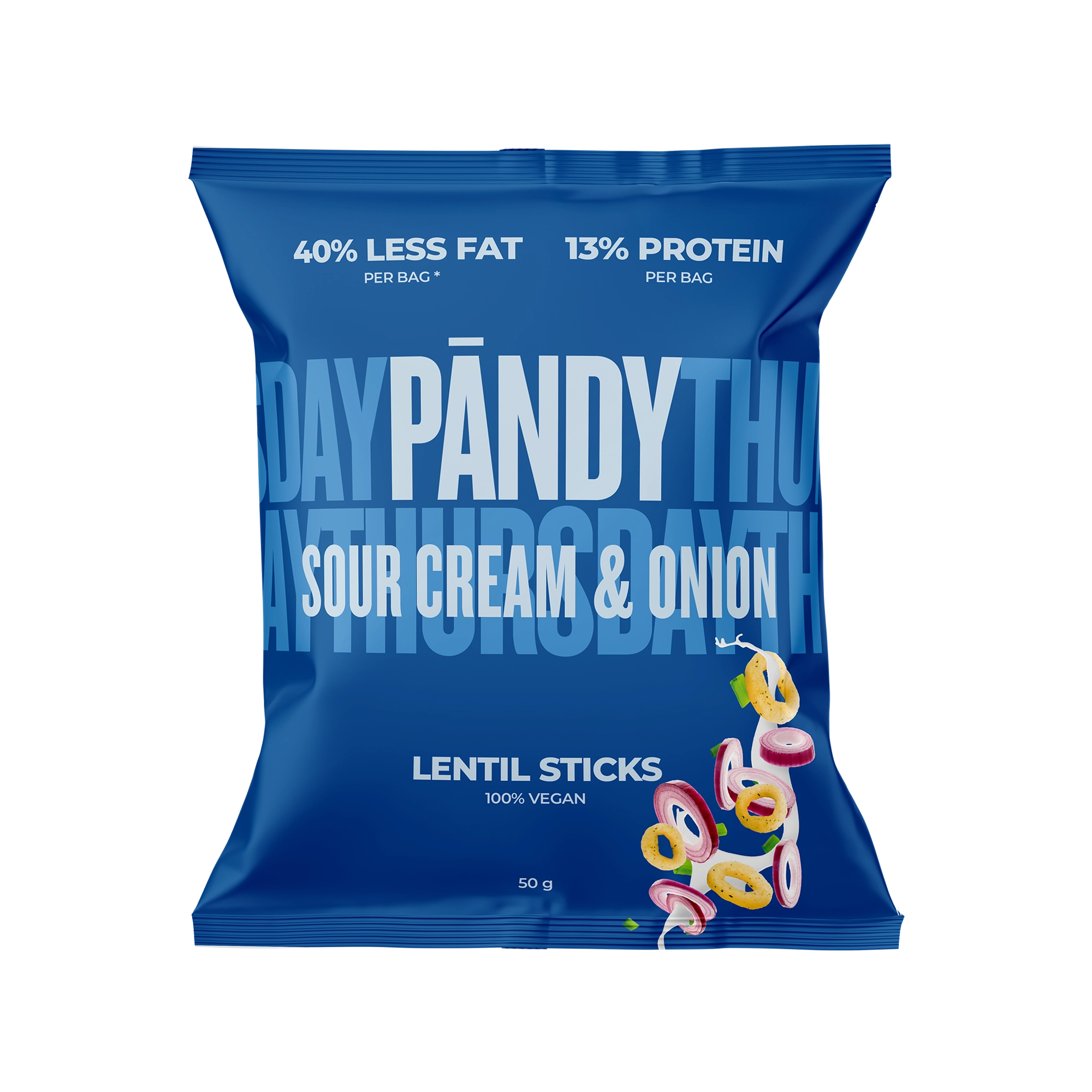 Pändy Lentil Snacks 50 g linschips i en mörkblå påse för smaken Sourcream &amp; Onion., bild 1 av 1