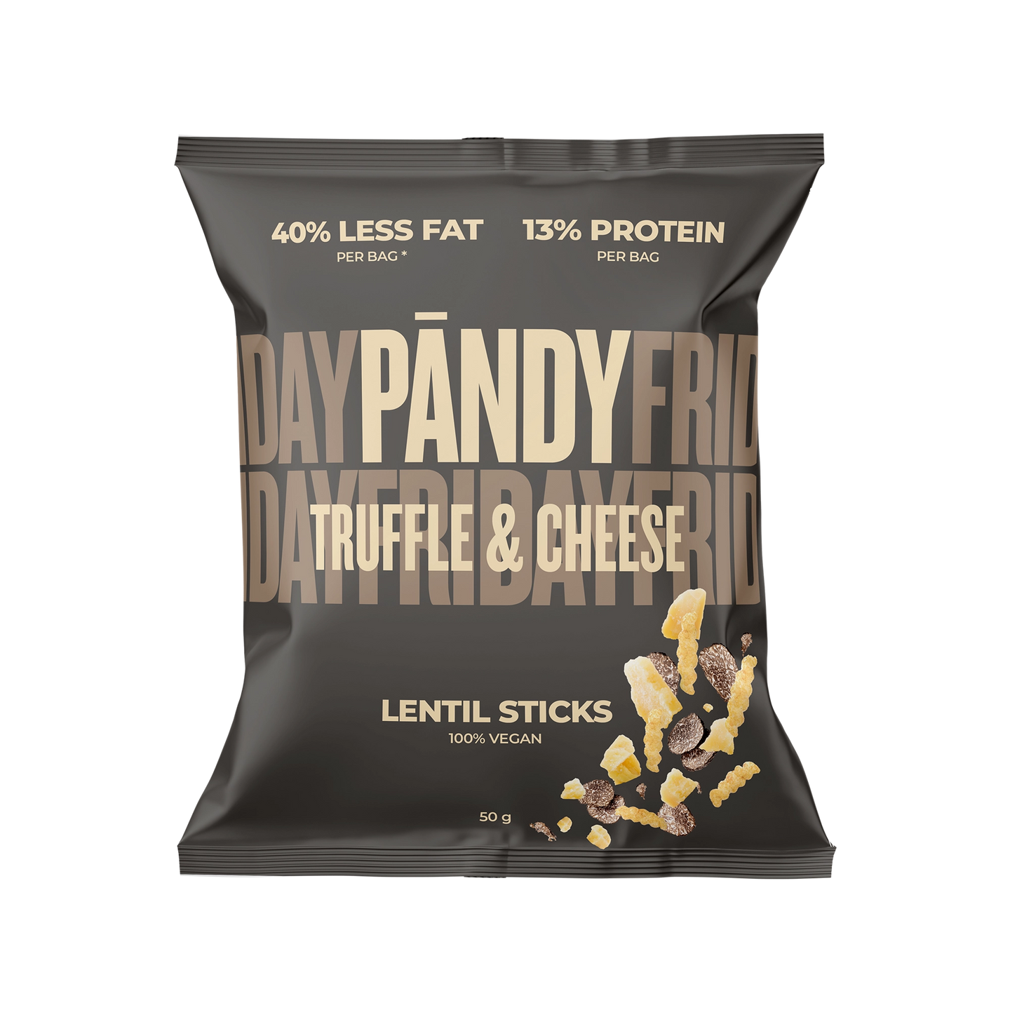 Pändy Lentil Snacks 50 g linsbågar i en mörkbrun påse med beige text för smaken Truffle &amp; Cheese., bild 1 av 1