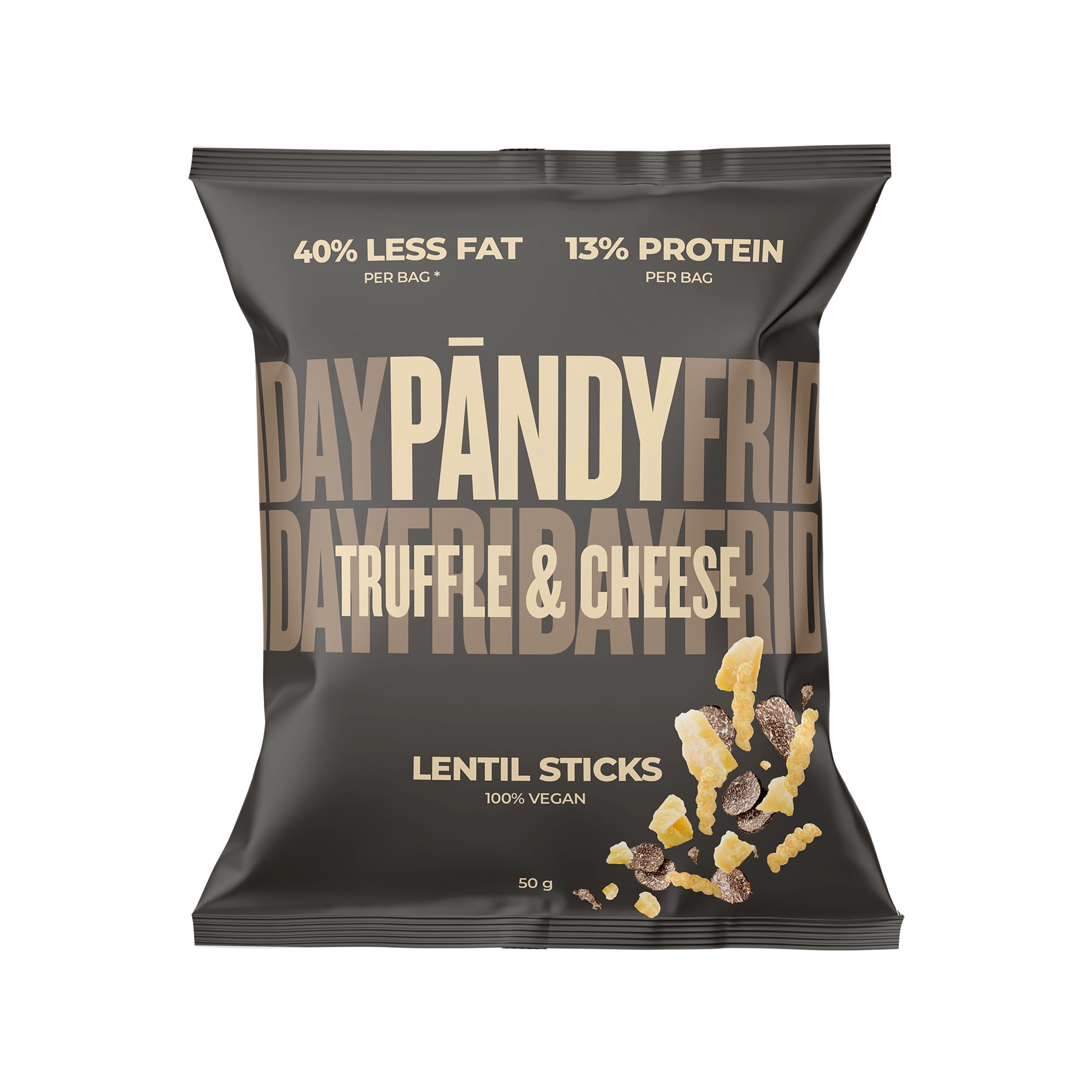 Pändy Lentil Snacks 50 g linsbågar i en mörkbrun påse med beige text för smaken Truffle &amp; Cheese., bild 1 av 1
