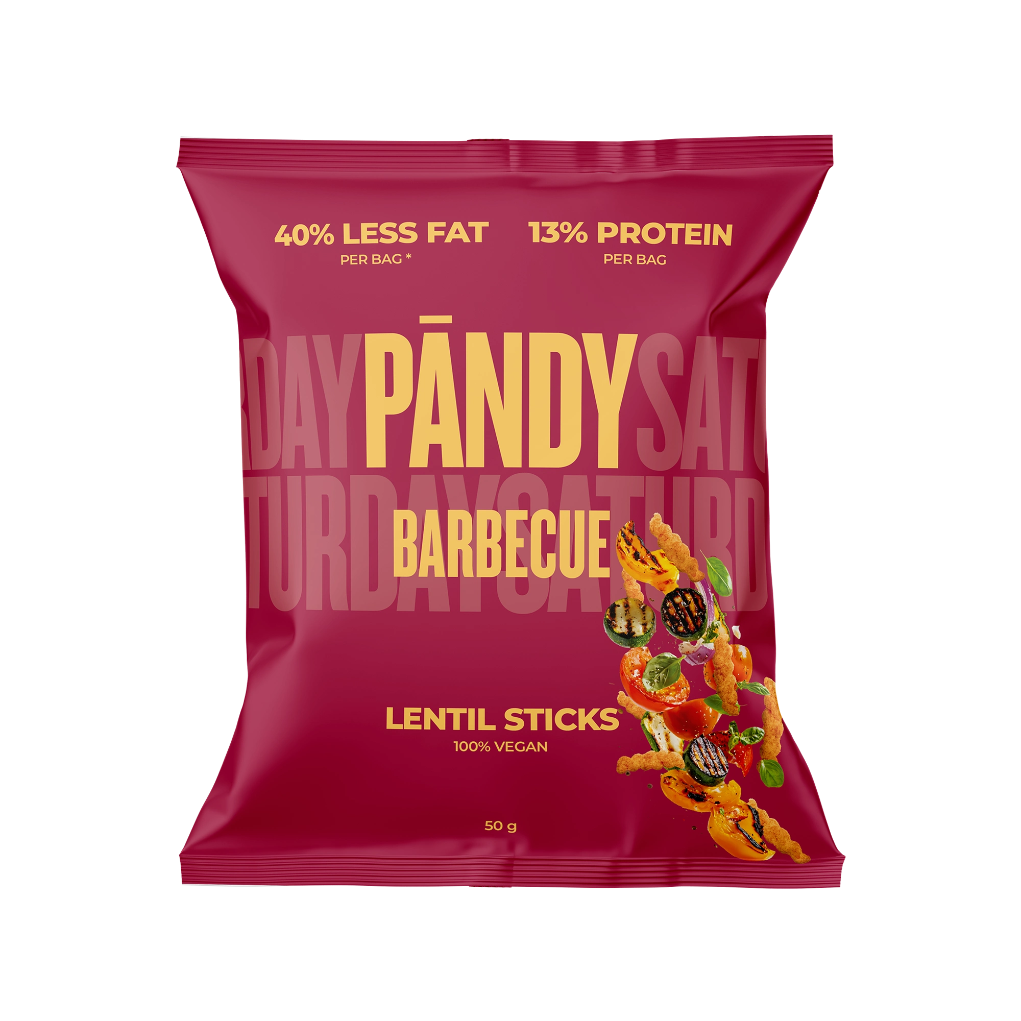 Pändy Lentil Sticks Barbecue 50 g i en mörkröd påse med illustration av linschips och grillade grönsaker., bild 1 av 1