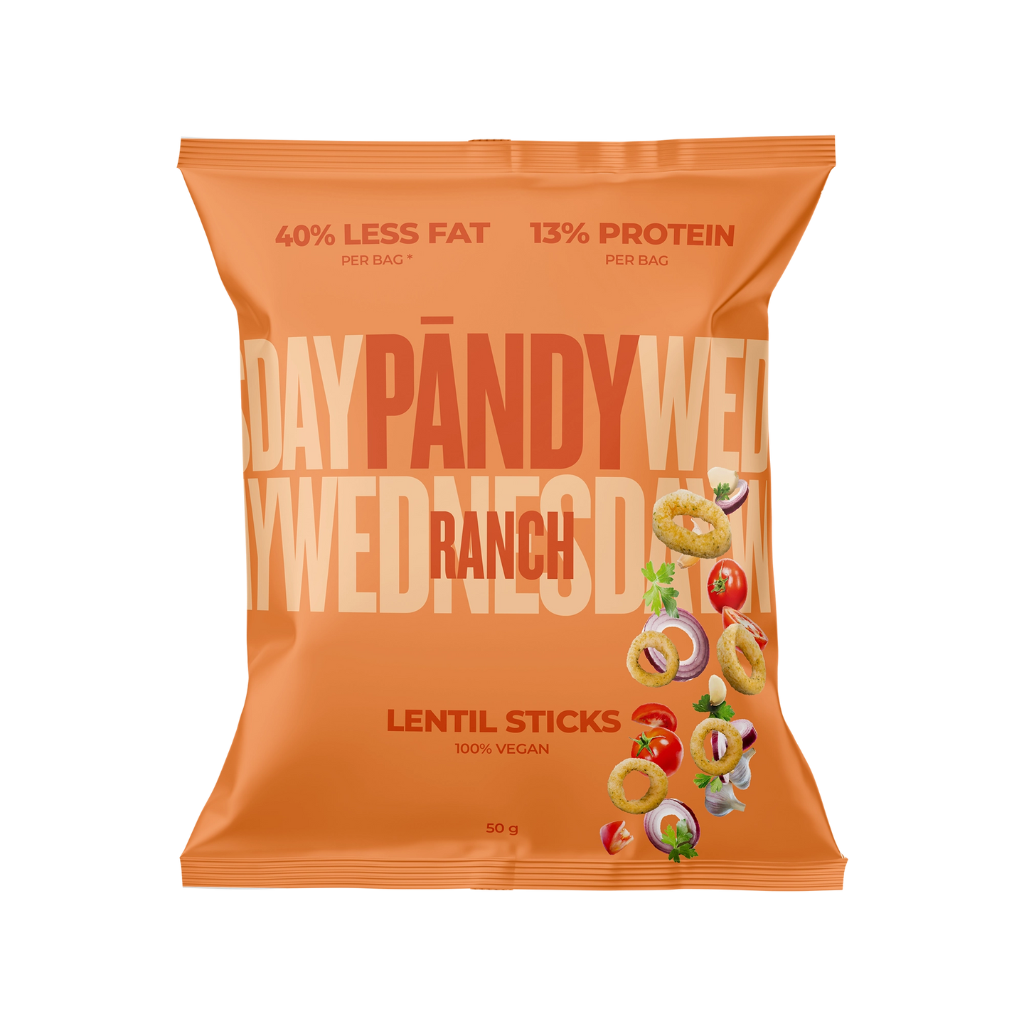 Pändy Lentil Snacks 50 g linschips med smak av Ranch i en orange påse., bild 1 av 1