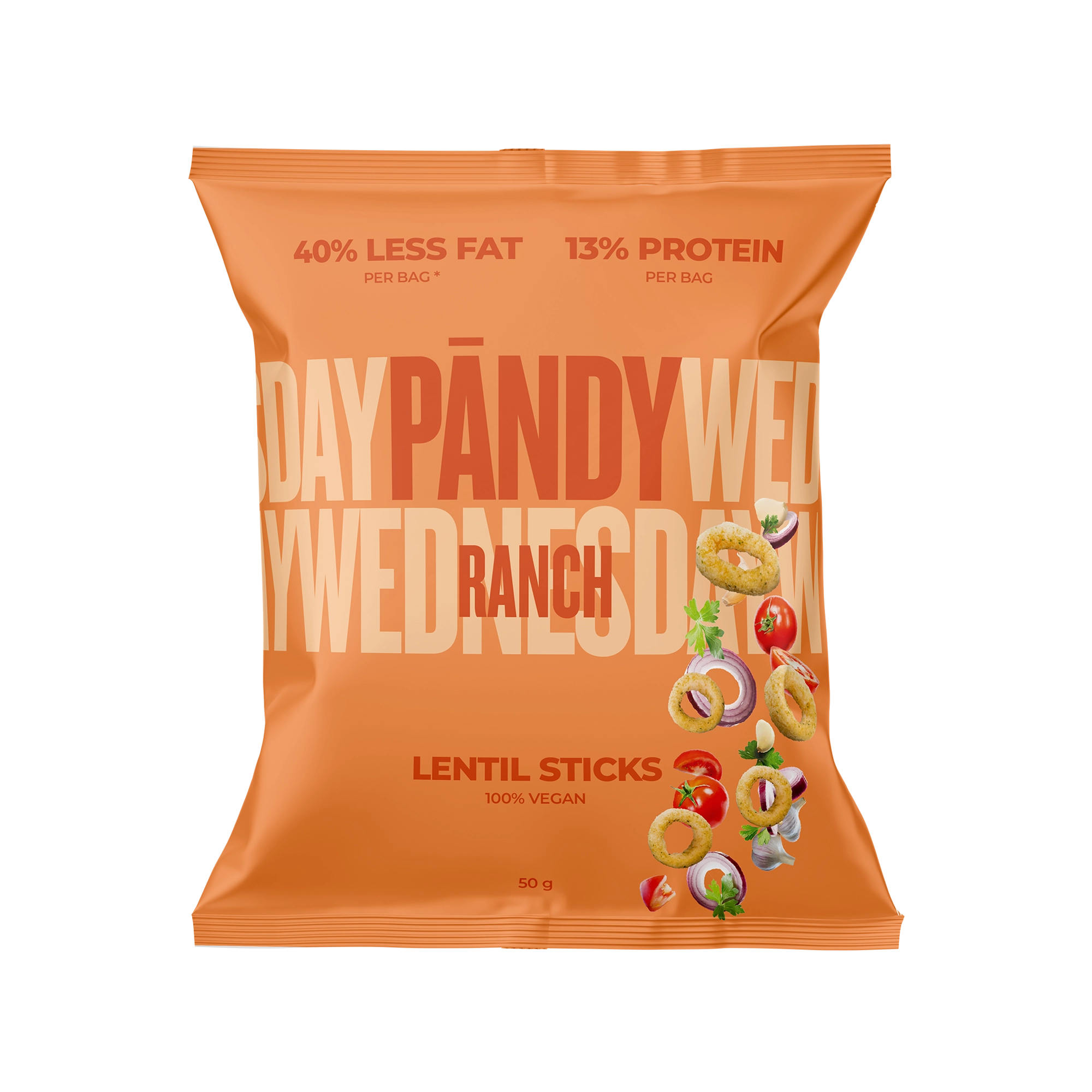 Pändy Lentil Snacks 50 g linschips med smak av Ranch i en orange påse., bild 1 av 1