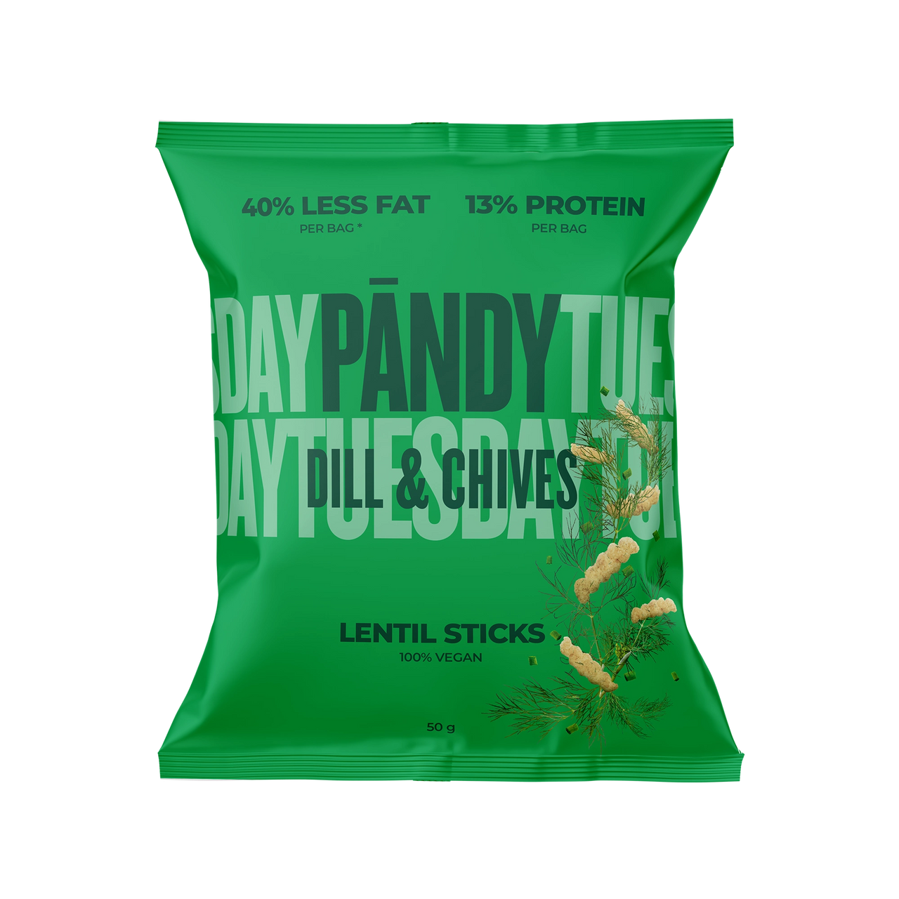 Pändy Lentil Sticks 50 g linschips i en grön påse för smaken Dill & Chives.