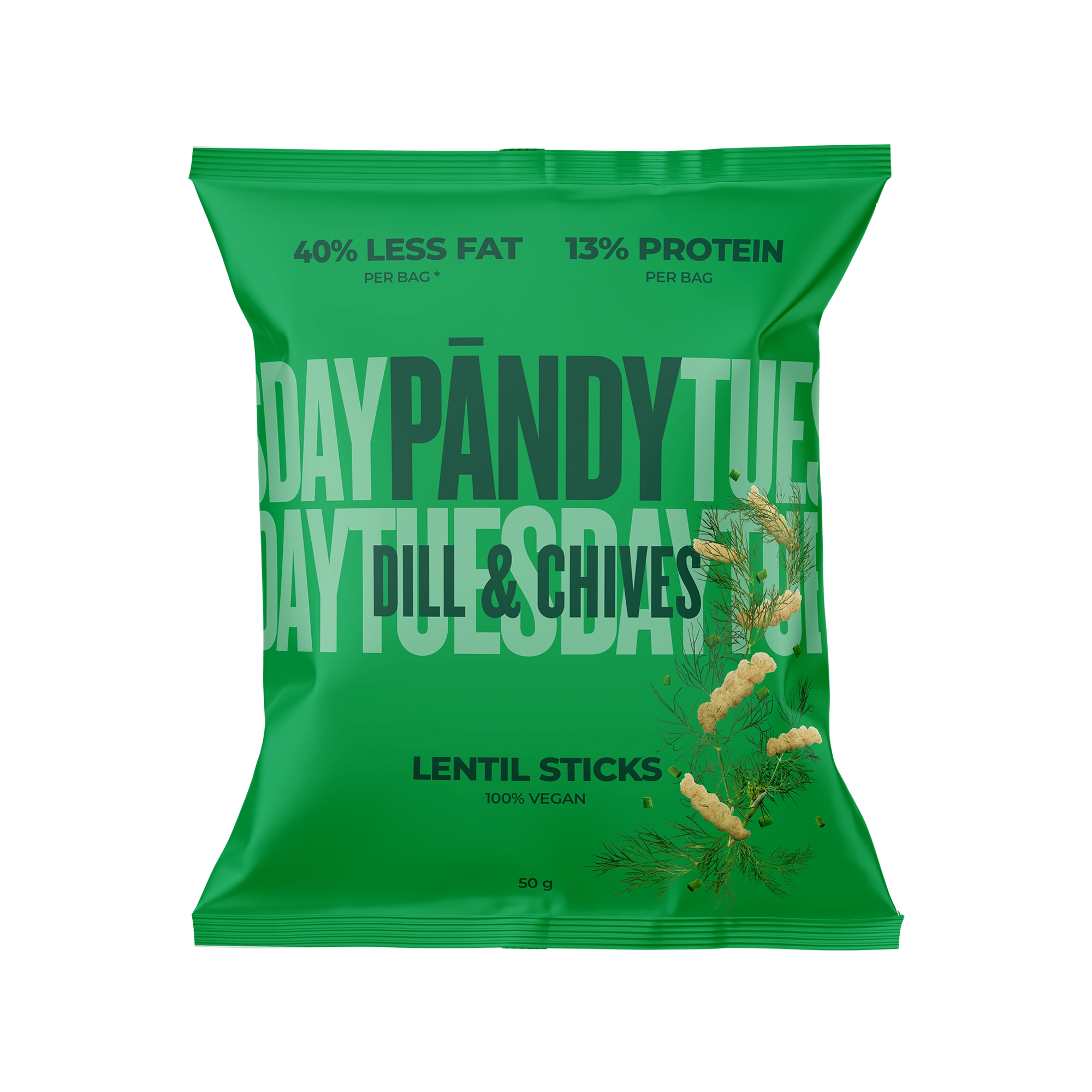 Pändy Lentil Sticks 50 g linschips i en grön påse för smaken Dill &amp; Chives., bild 1 av 1