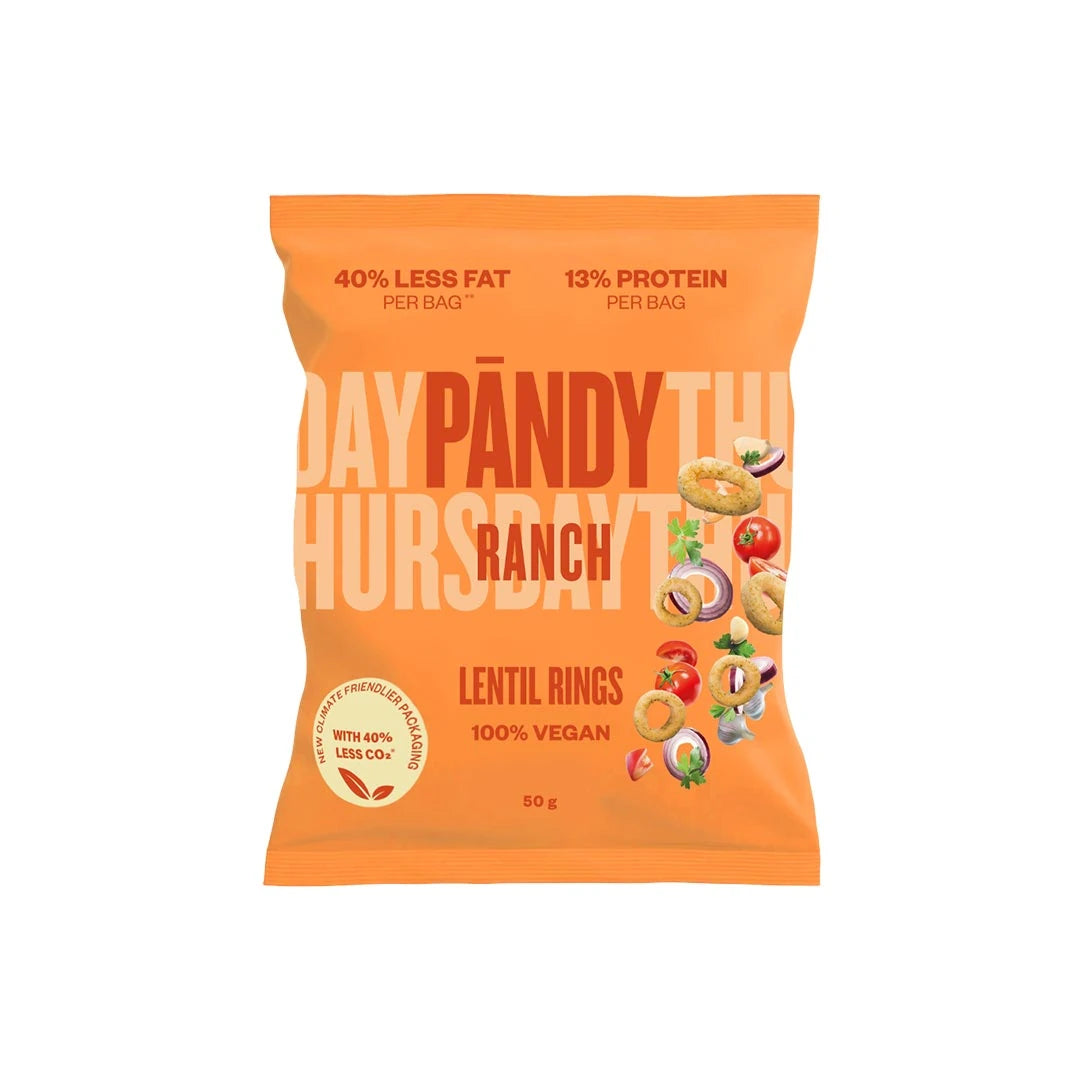 Pändy Lentil Snacks 50 g linschips i en orange påse med smaken Ranch.
