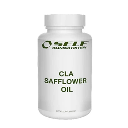 Self Omninutrition CLA Safflower Oil 120 caps i en vit burk med grön logotyp och text.