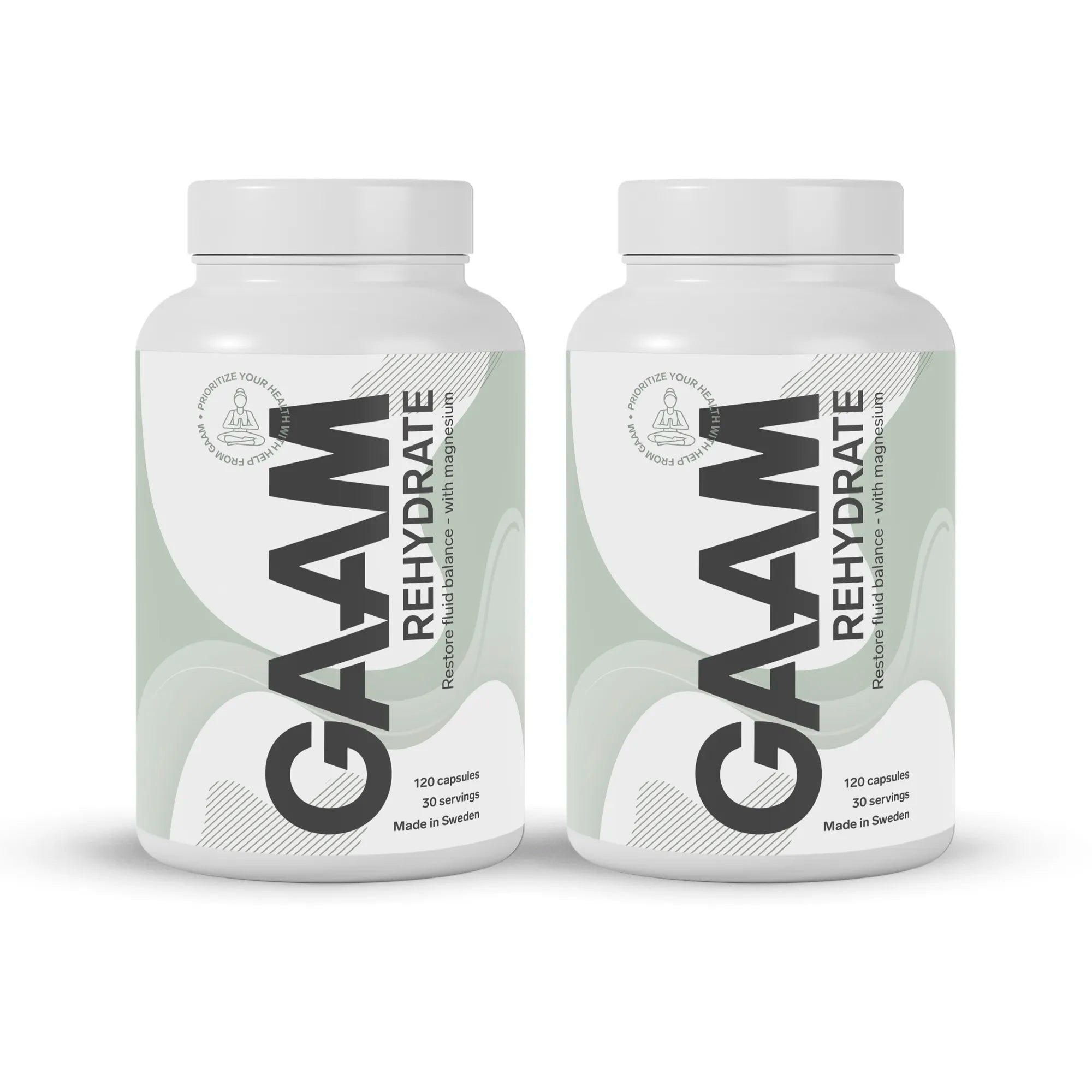 GAAM Rehydrate 360 caps i två vita burkar med ljusgröna detaljer för återhämtning.