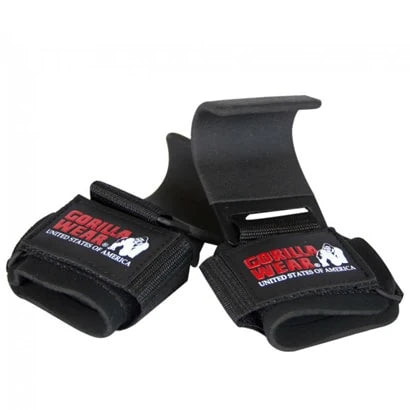 Gorilla Wear Weight Lifting Hooks Black, ett par svarta dragkrokar i stål och nylon med vadderad handledsrem.