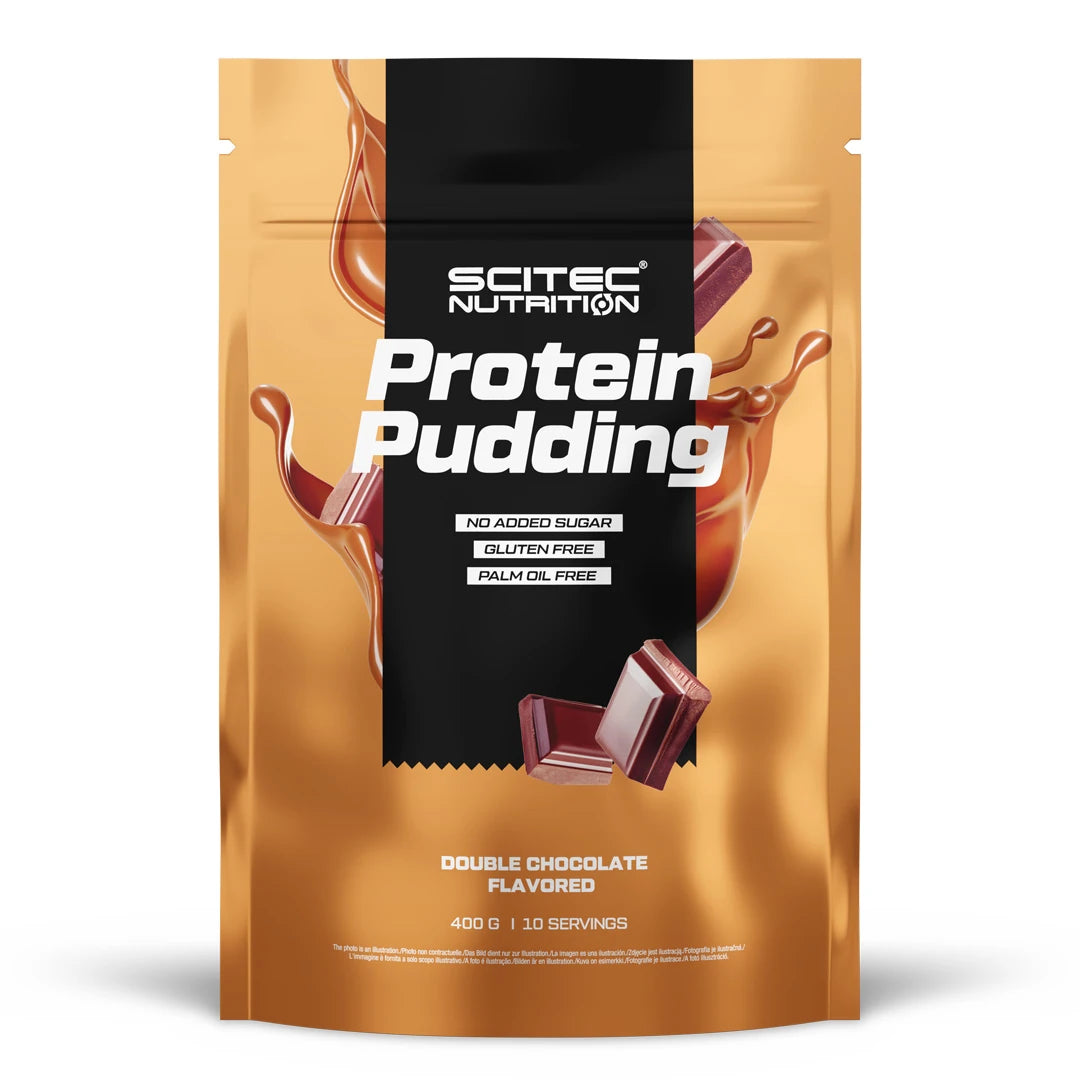 Scitec Nutrition Protein Pudding 400 g i en brun påse med chokladmotiv för smaken Double Chocolate.