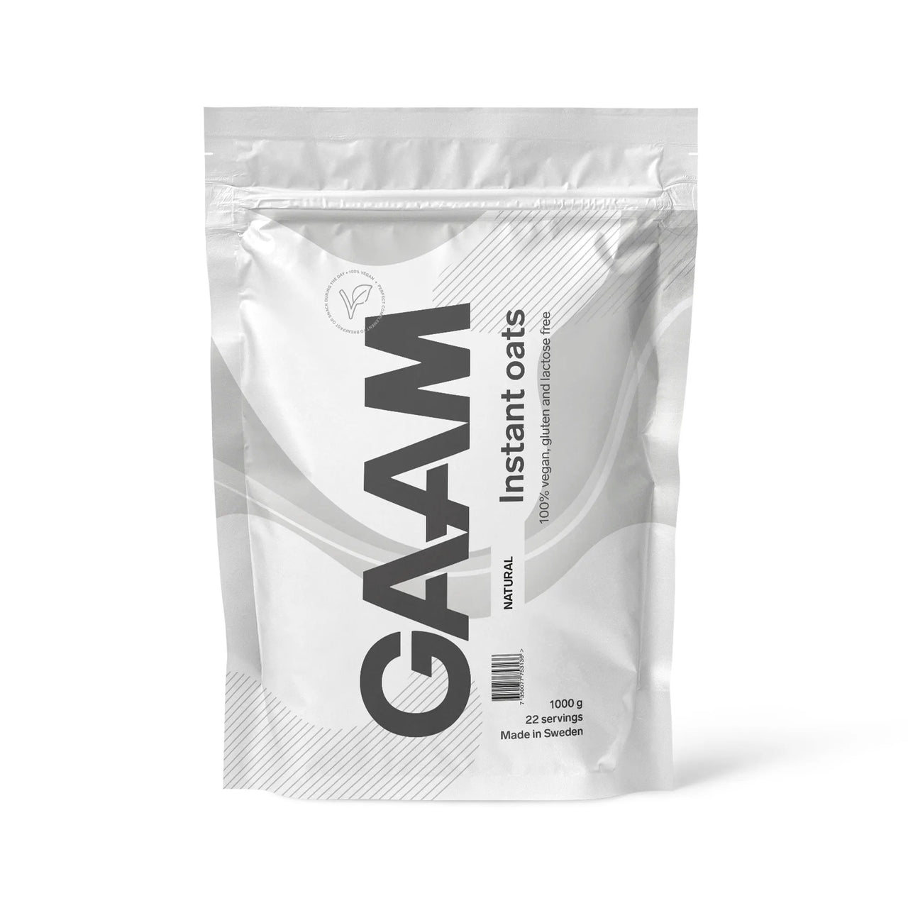 GAAM Instant Oats 1 kg havrebaserat pulver i en stilren vit påse med naturell smak.