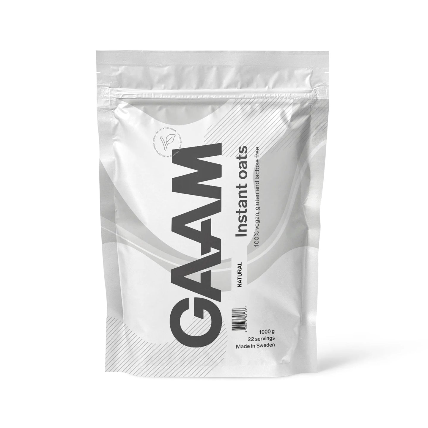 GAAM Instant Oats 1 kg havrebaserat pulver i en stilren vit påse med naturell smak.