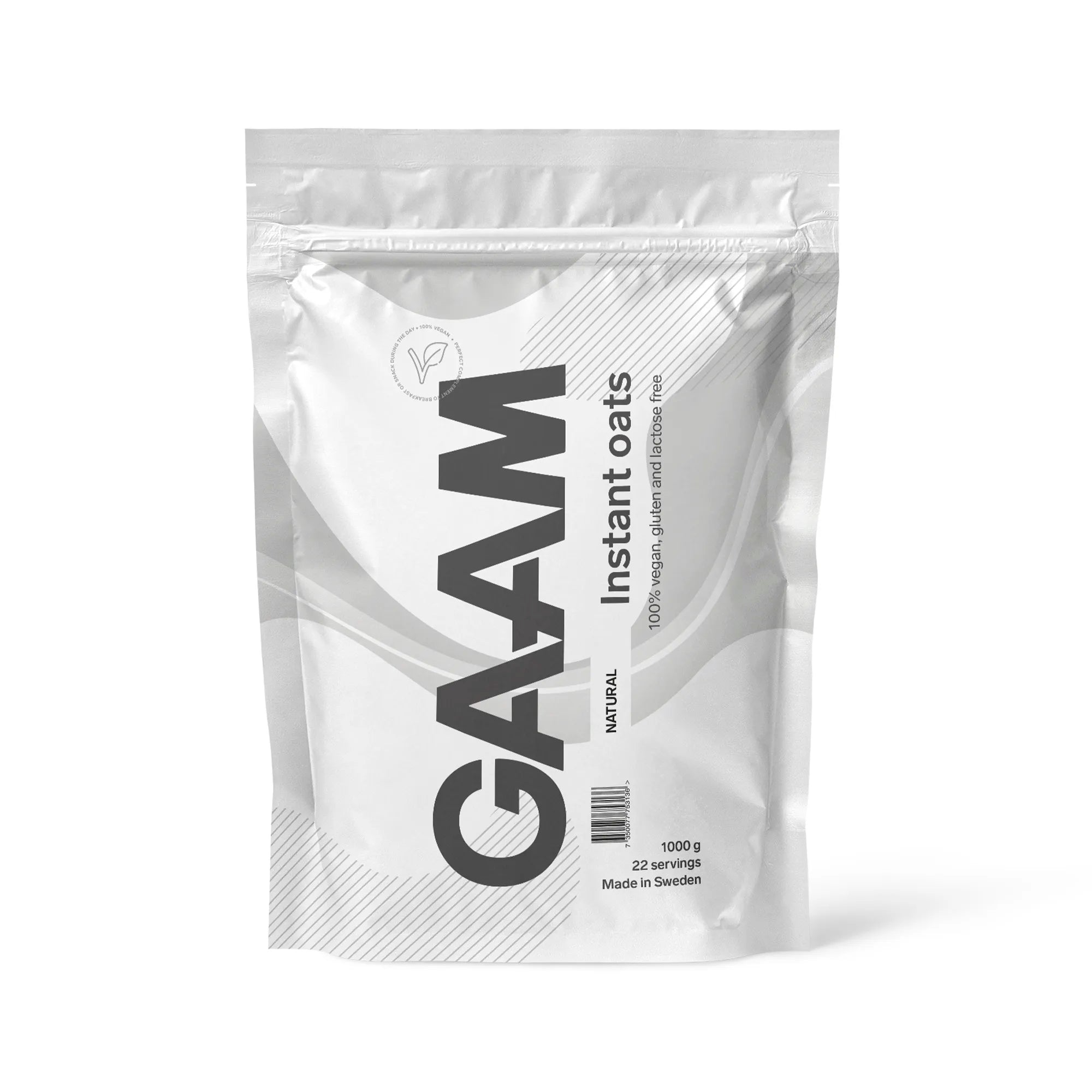 GAAM Instant Oats 1 kg havrebaserat pulver i en stilren vit påse med naturell smak.
