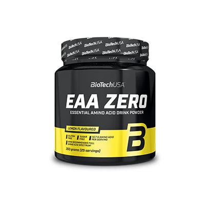 BioTechUSA EAA ZERO 350 g EAA-pulver i en svart burk med gula detaljer och smak av citron.