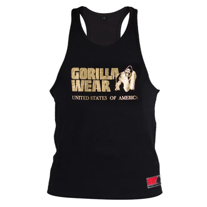Gorilla Wear Classic Tank Top Black/Gold är ett svart brottarlinne i bomull med stort guldfärgat tryck framtill., bild 2 av 4