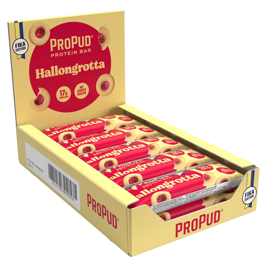 12 x NJIE Propud Proteinbar 55 g i en gul låda med röda detaljer för smaken Hallongrotta.