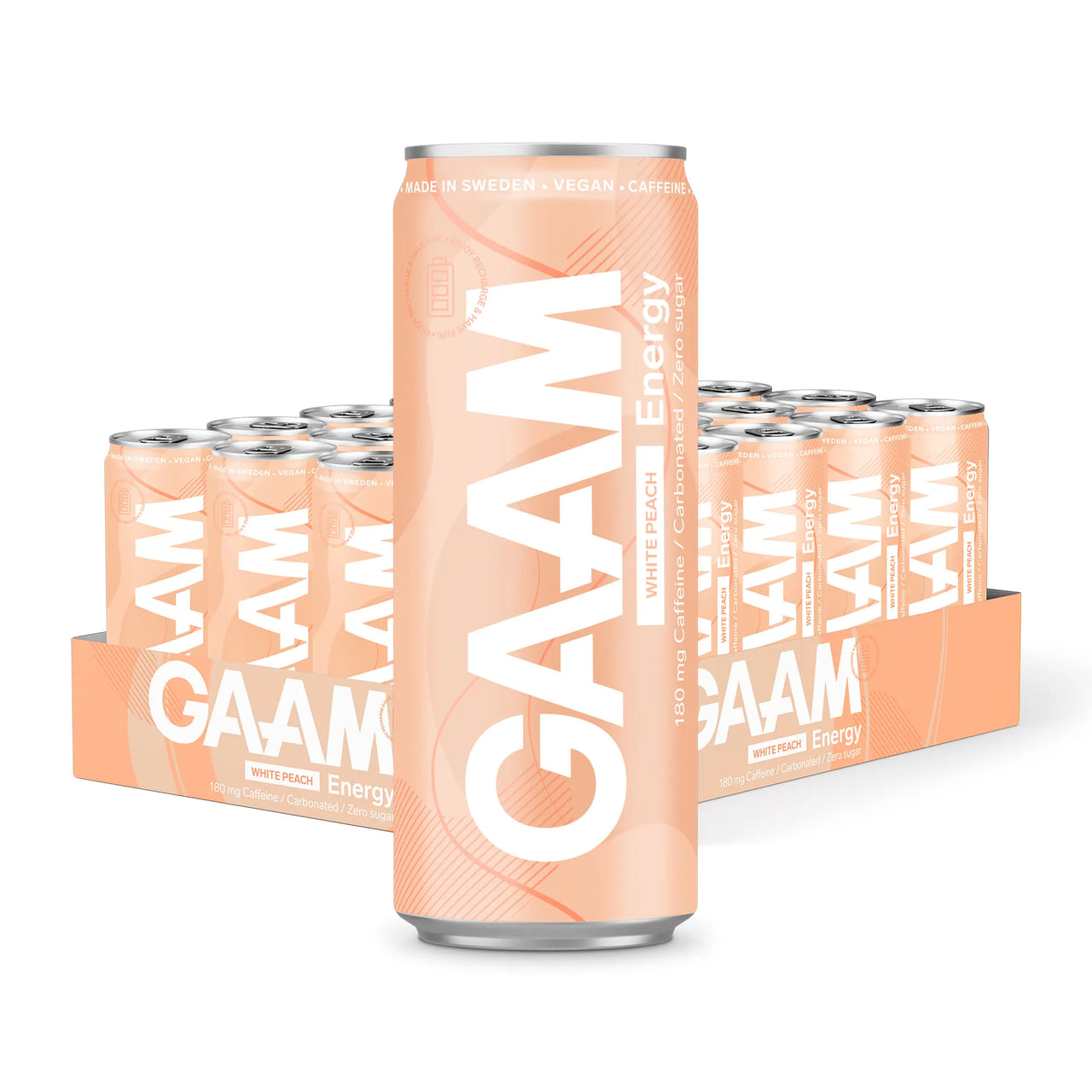 24 x GAAM Energy 330 ml White Peach i ett flak med ljusorangea burkar och vit text.