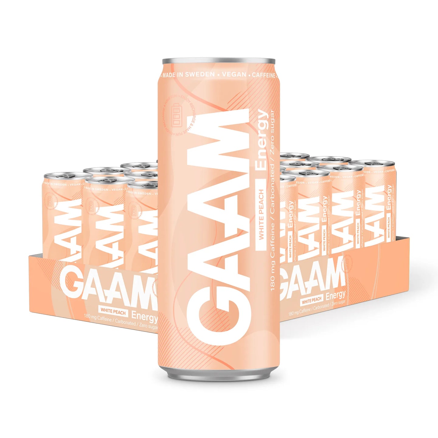 24 x GAAM Energy 330 ml White Peach i ett flak med ljusorangea burkar och vit text.
