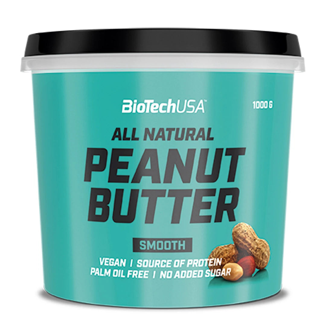 BioTechUSA Peanut Butter 1 kg jordnötssmör i en turkos burk med svart lock för varianten Smooth., bild 2 av 2