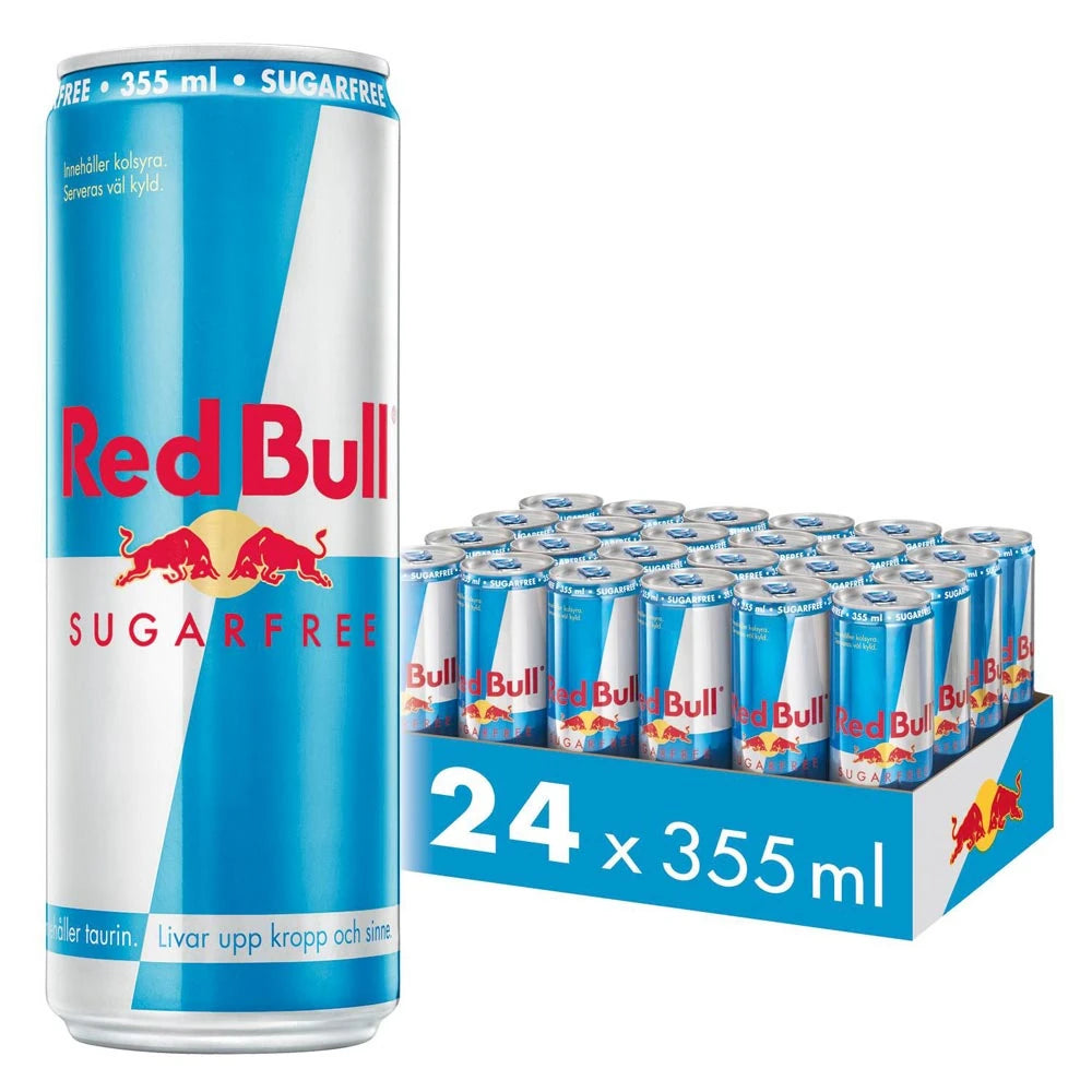 24 x Red Bull Energidryck Sockerfri 355 ml Original Sugarfree i ljusblå och silvriga burkar i ett matchande blått flak.