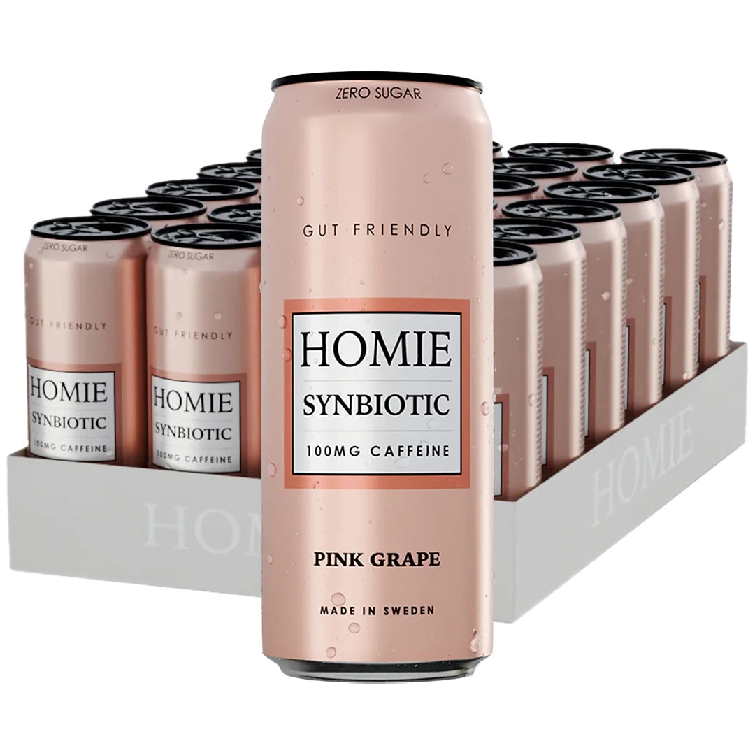 24 x Homie Wake Up Synbiotic 330 ml Pink Grapefruit i ett vitt flak med ljusrosa burkar.