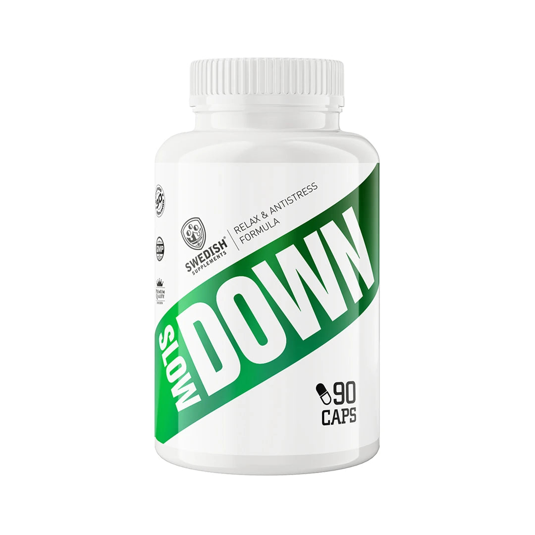 Swedish Supplements Slow Down 90 caps i en vit burk med tydlig grön text på etiketten.