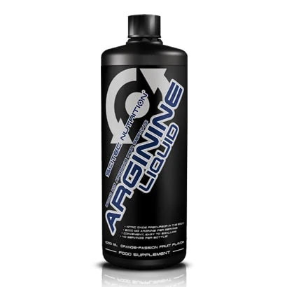 Scitec Nutrition Liquid Arginine 1000 ml flytande aminosyror i en svart flaska med silver och blå detaljer.