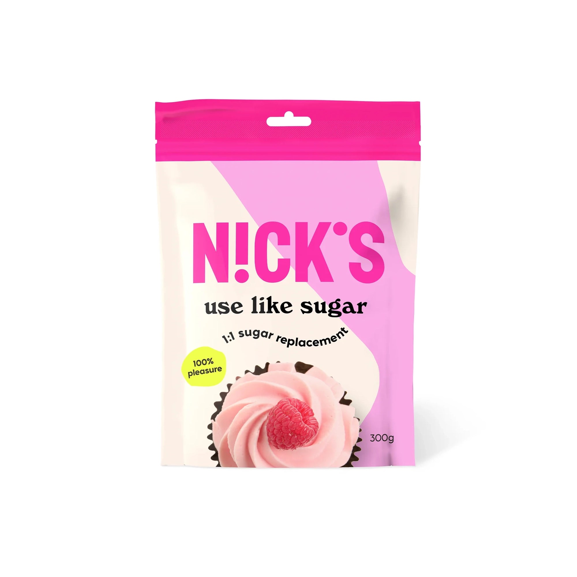 Nicks Use Like Sugar 300 g Sockerersättning i en vit och rosa påse med motiv av en cupcake., bild 1 av 1