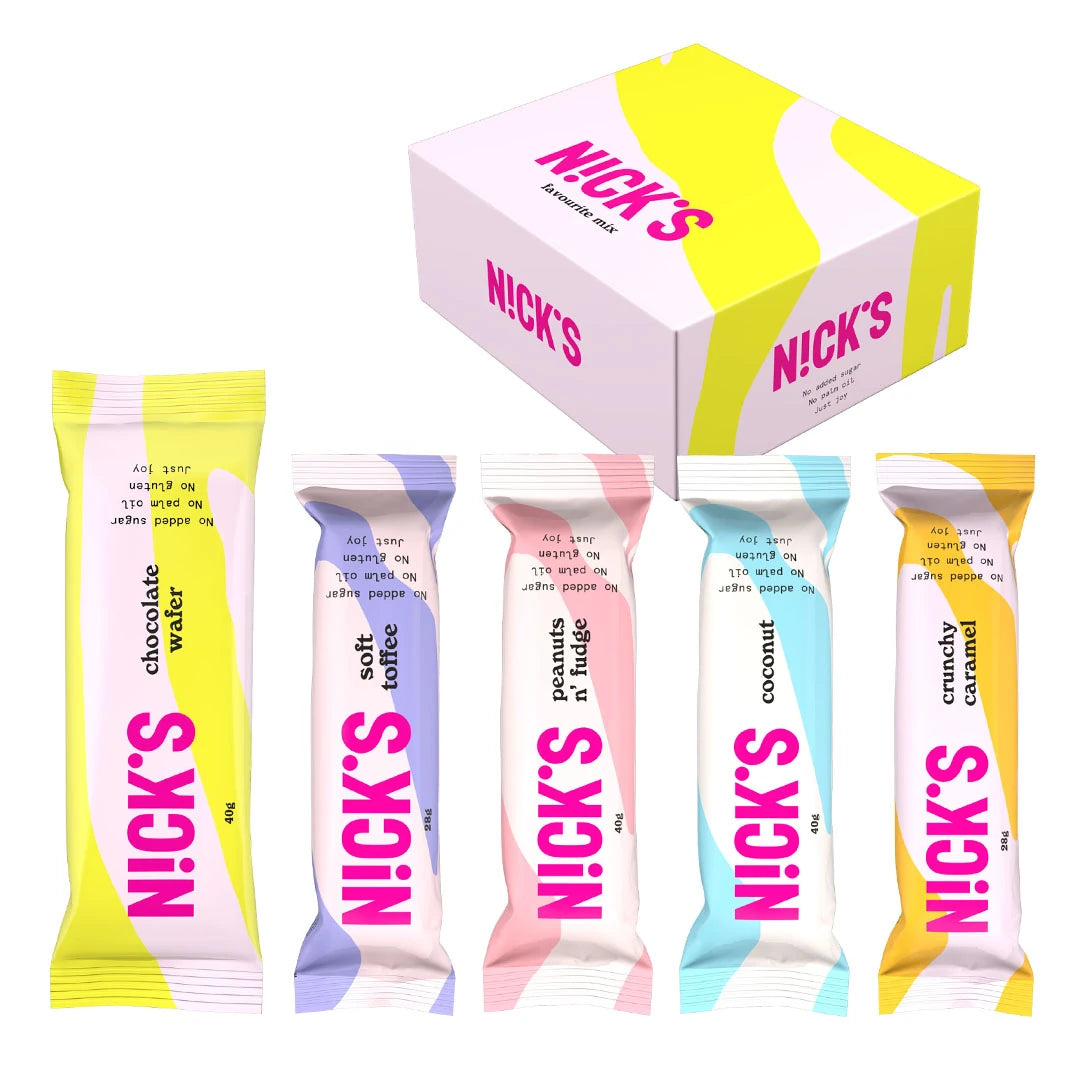 12 x Nicks Favorite Mix, en färgglad låda med olika smaker av chokladbars utan tillsatt socker.