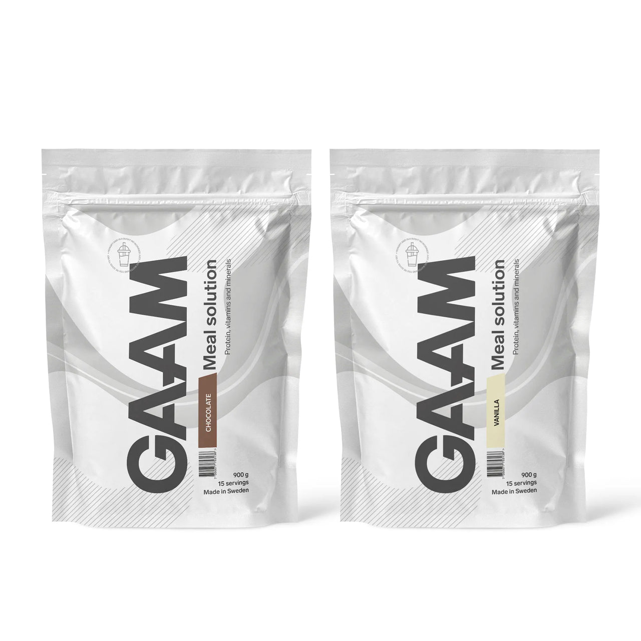 2 x GAAM Meal Solution 900 g Måltidsersättning bestående av två vita påsar i smakerna Chocolate och Vanilla.