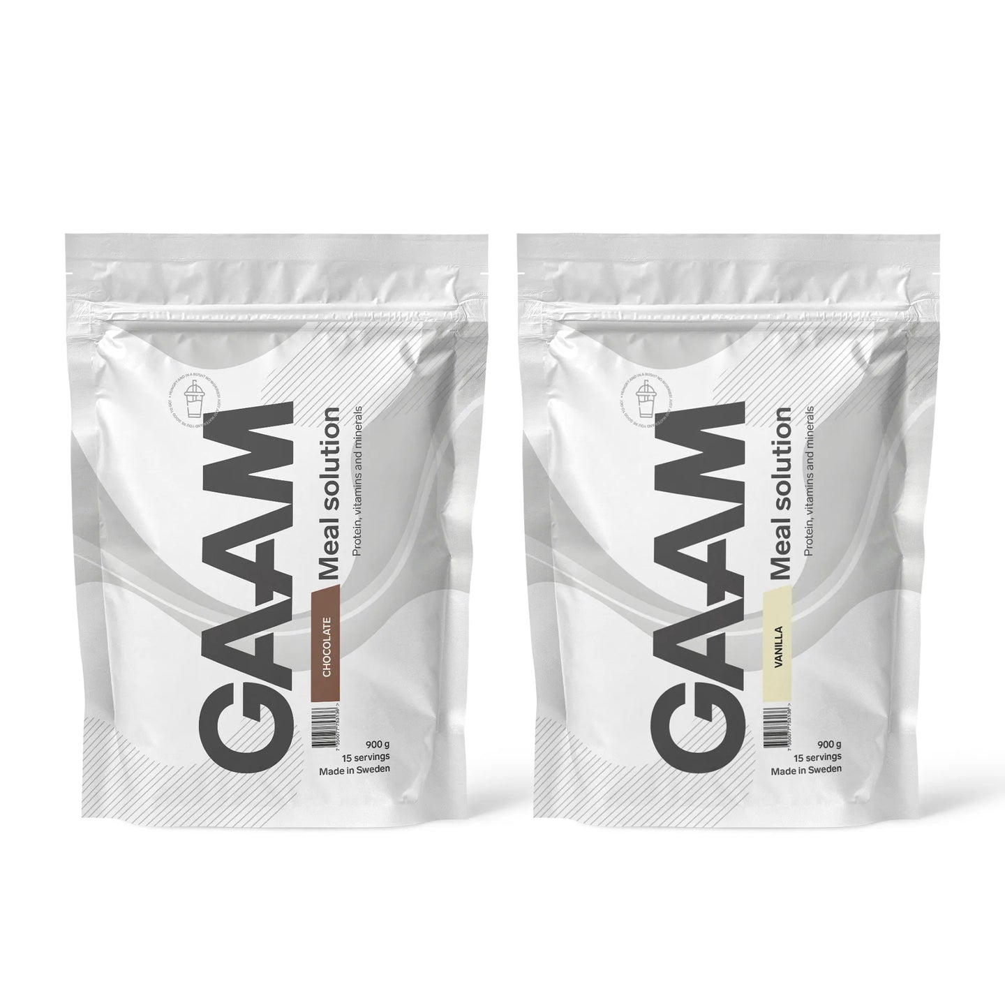 2 x GAAM Meal Solution 900 g Måltidsersättning bestående av två vita påsar i smakerna Chocolate och Vanilla.