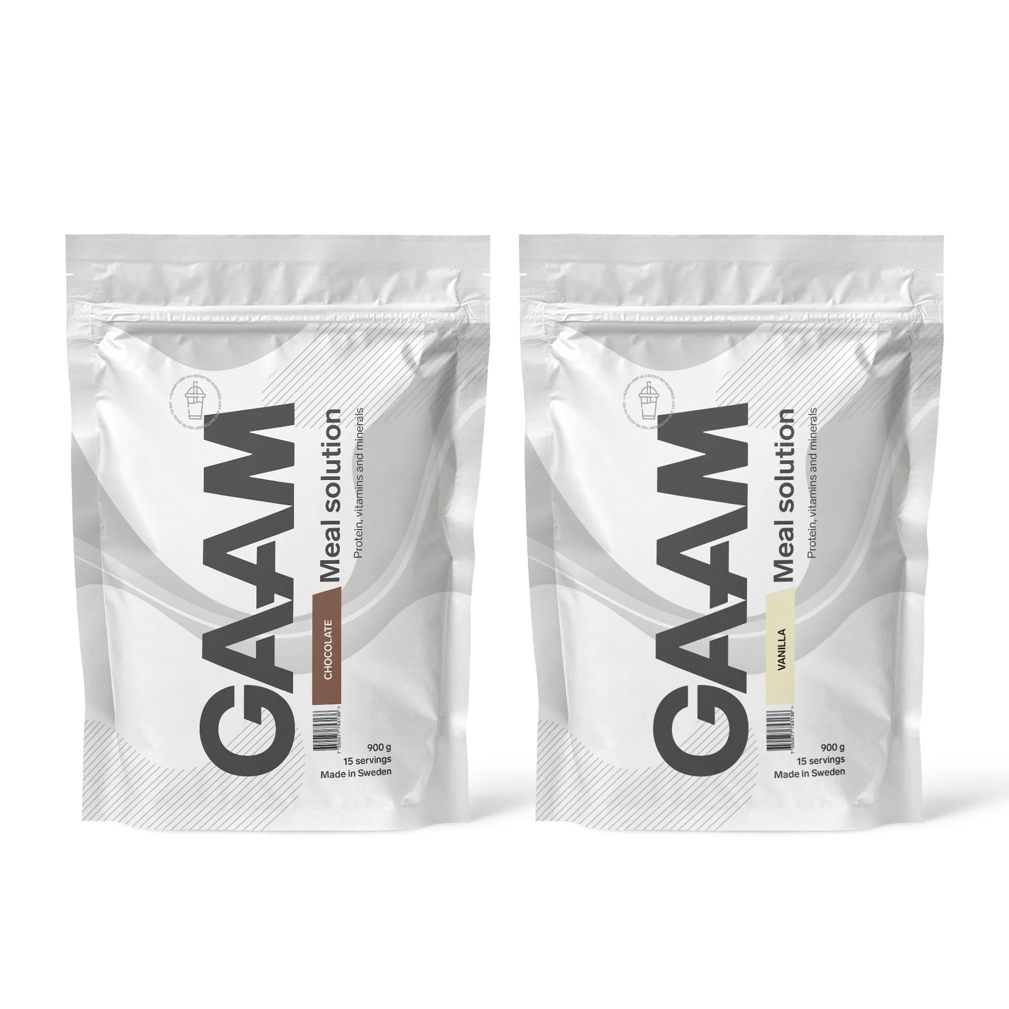 2 x GAAM Meal Solution 900 g Måltidsersättning bestående av två vita påsar i smakerna Chocolate och Vanilla.