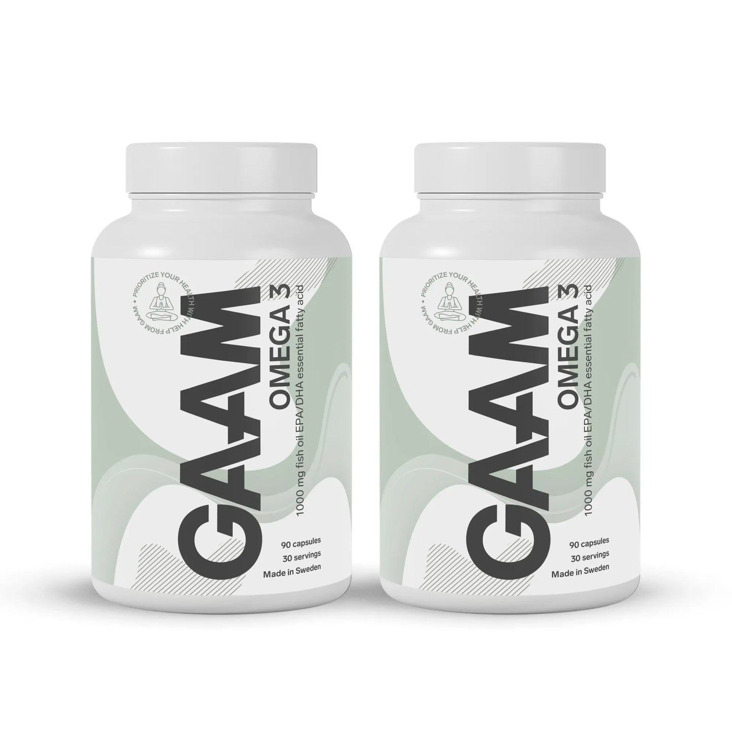 2 x GAAM Omega-3 90 caps kosttillskott i två vita burkar med ljusgröna detaljer.