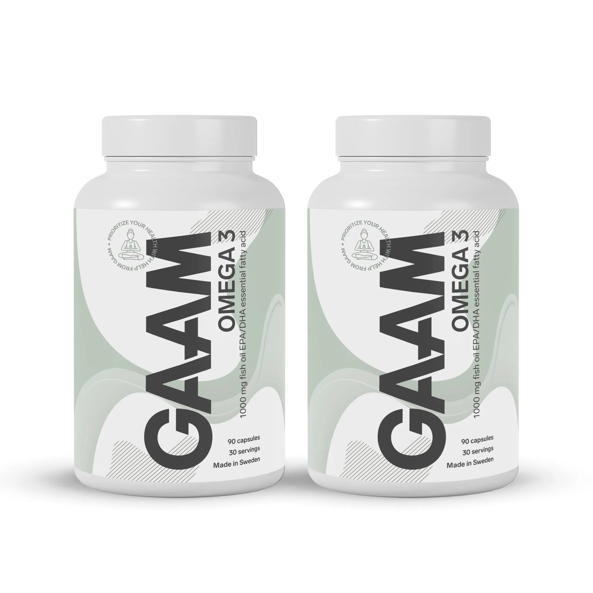 2 x GAAM Omega-3 90 caps kosttillskott i två vita burkar med ljusgröna detaljer.
