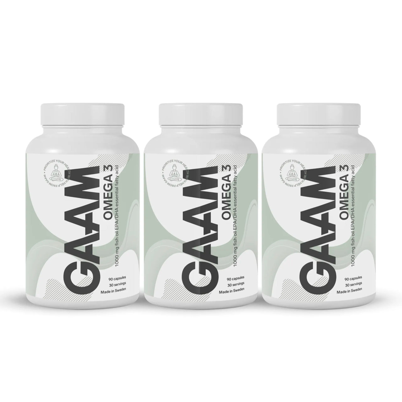 3 x GAAM Omega-3 90 caps i tre vita burkar med ljusgröna detaljer och svart text.