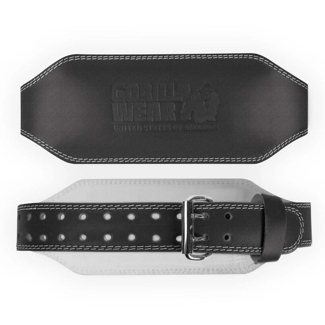 Gorilla Wear 6 Inch Padded Leather Belt Black är ett svart träningsbälte i läder med vit söm och dubbelknäppning.