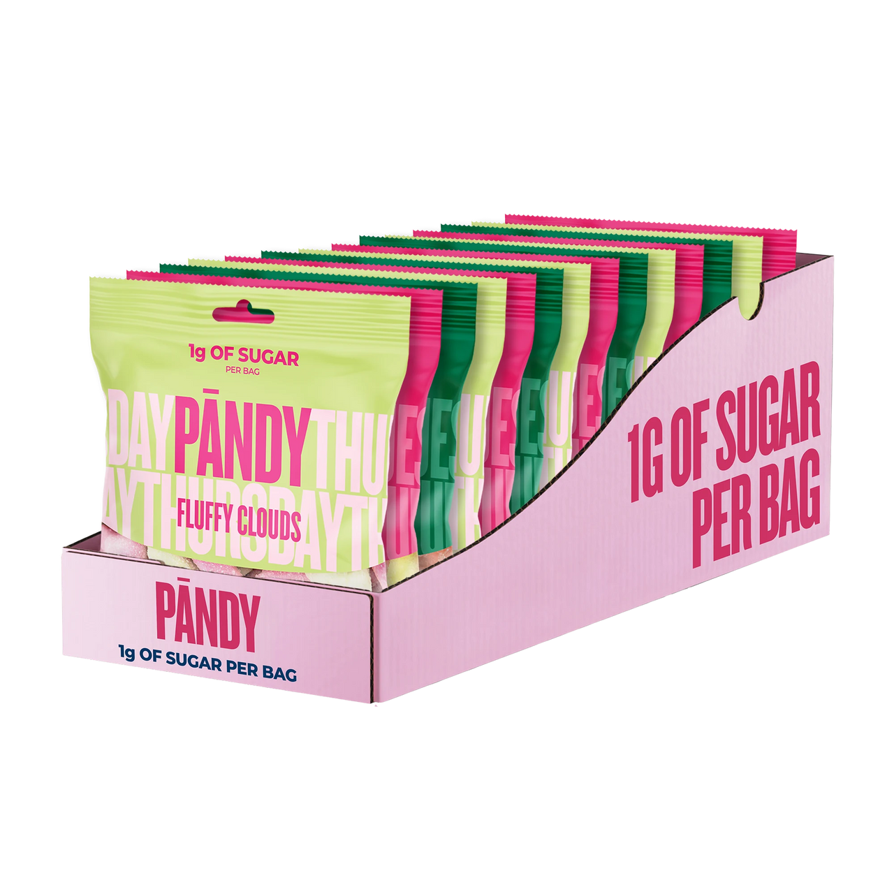14 x Pändy Candy 50 g Mixlåda i en ljusrosa displaykartong fylld med färgglada godispåsar.