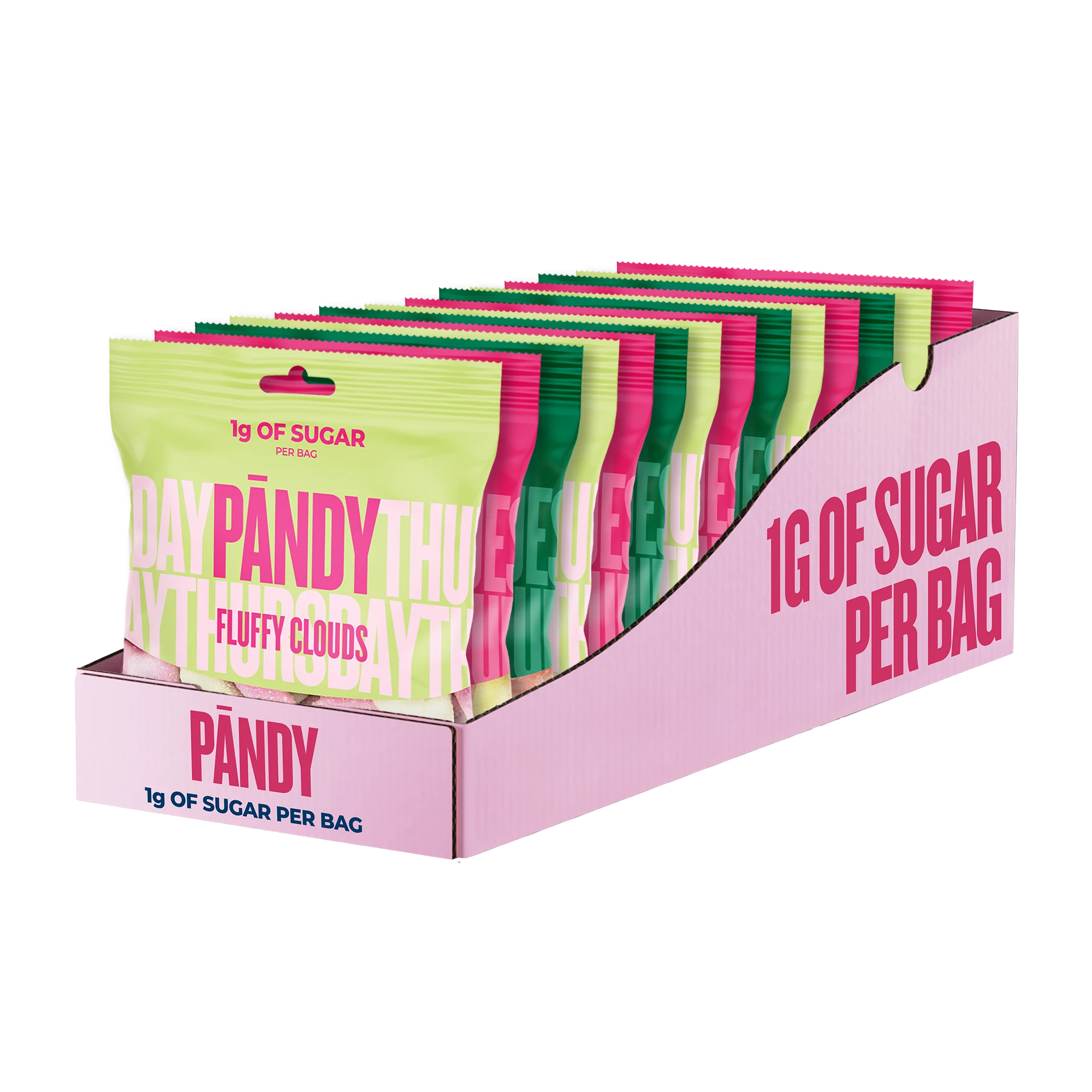 14 x Pändy Candy 50 g Mixlåda i en ljusrosa displaykartong fylld med färgglada godispåsar., bild 1 av 1
