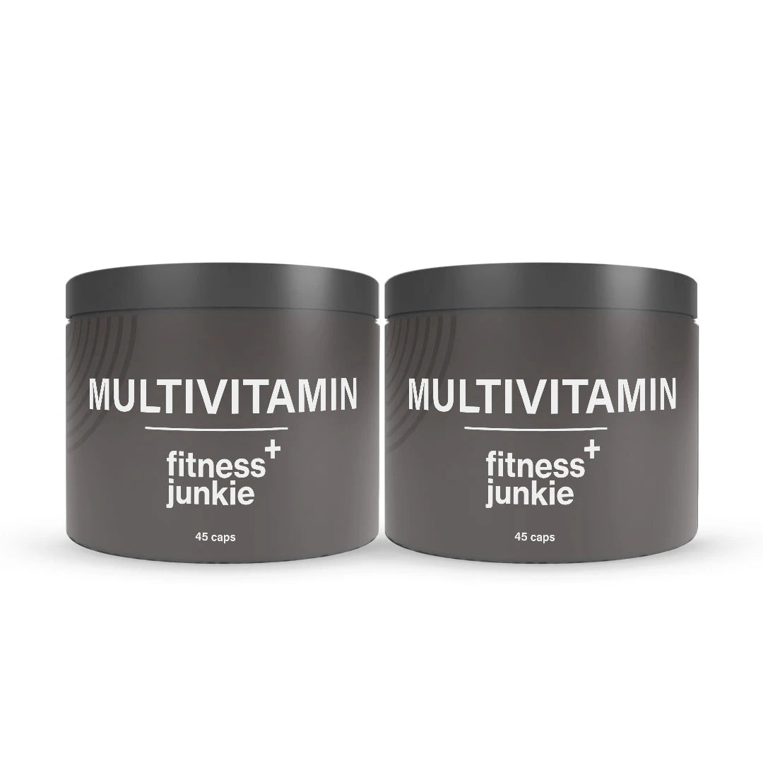 2 x fitnessjunkie Multivitamin 45 caps i två mörkgrå burkar med vit text.